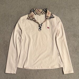 Burberry Cream Long Sleeve Shirt with Plaid Collar